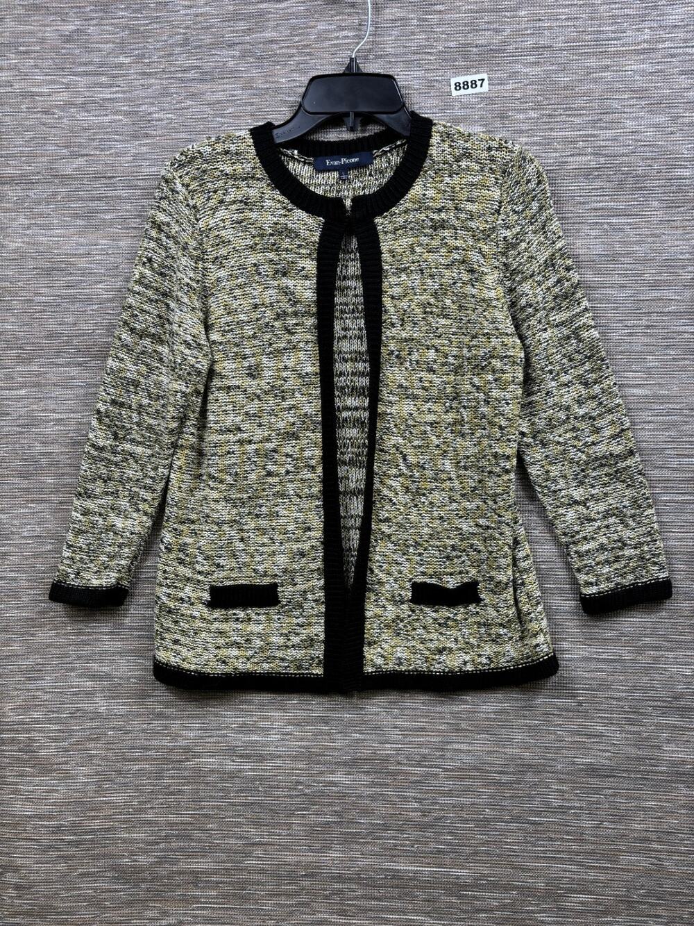 Evan Picone Knit Sweater Cardigan Mouline Womens L Green Marled Black Trim Long
